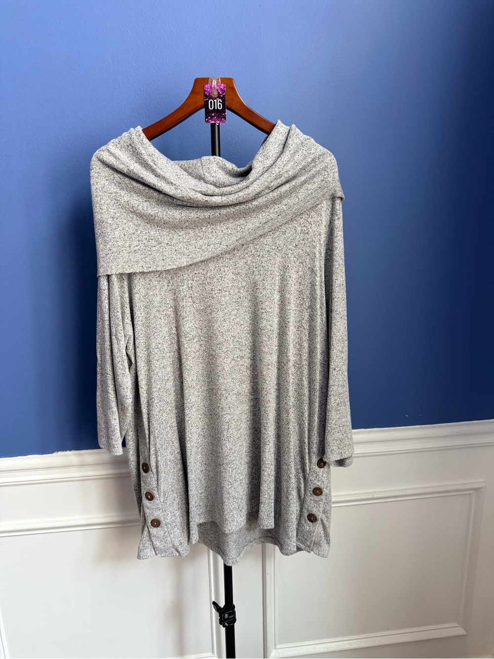 Cupio Heather Gray Cowl Neck Sweater with Button Side Detail